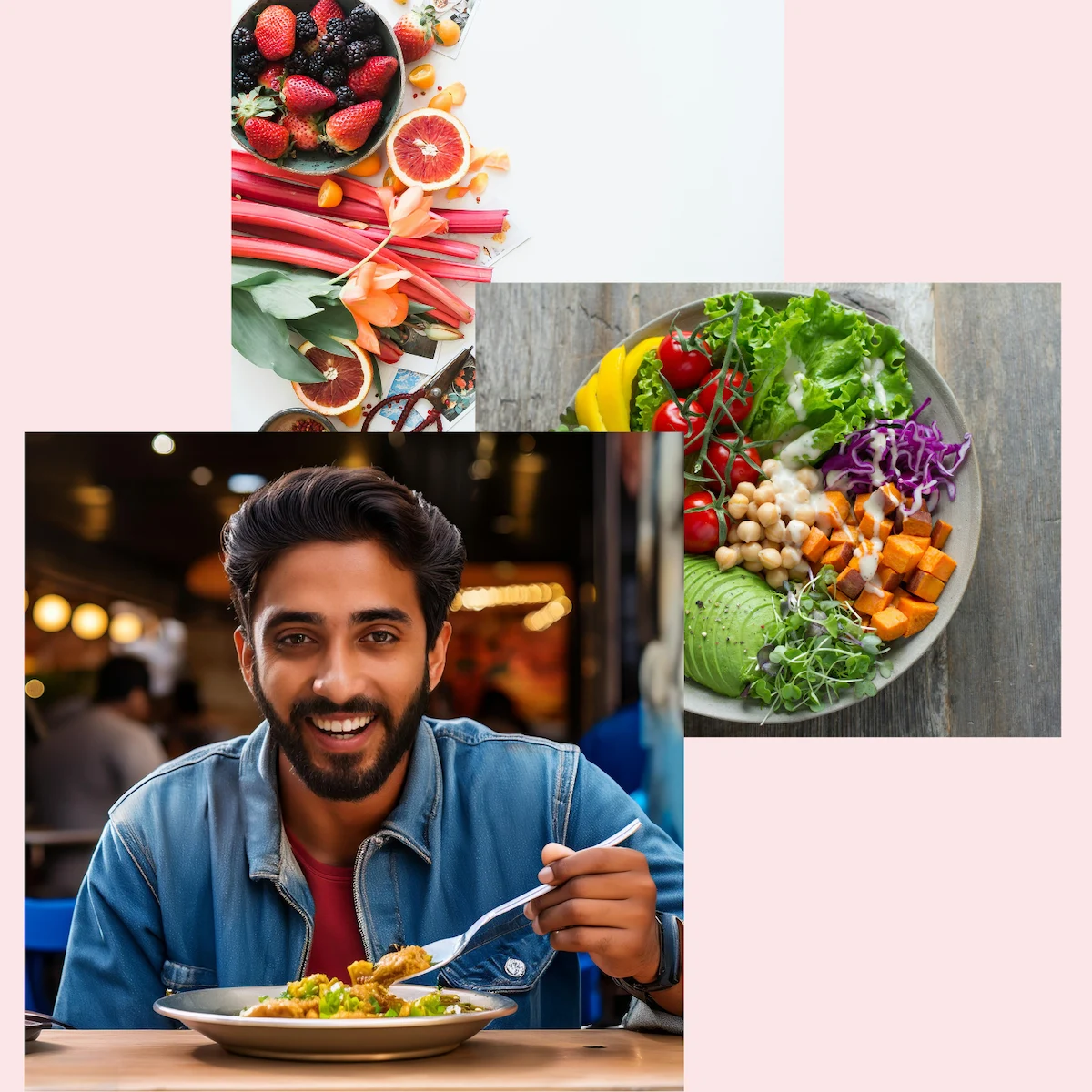 Man enjoying food, a plate-full of salad, and fruit bowl on a table